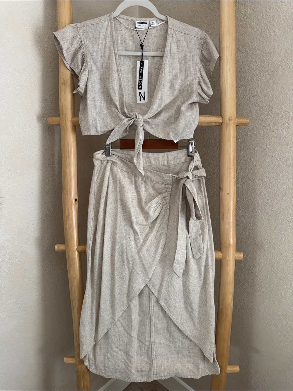 Noisy May Neutral Stone Tie-Front Crop Top & Wrap Midi Skirt Set
